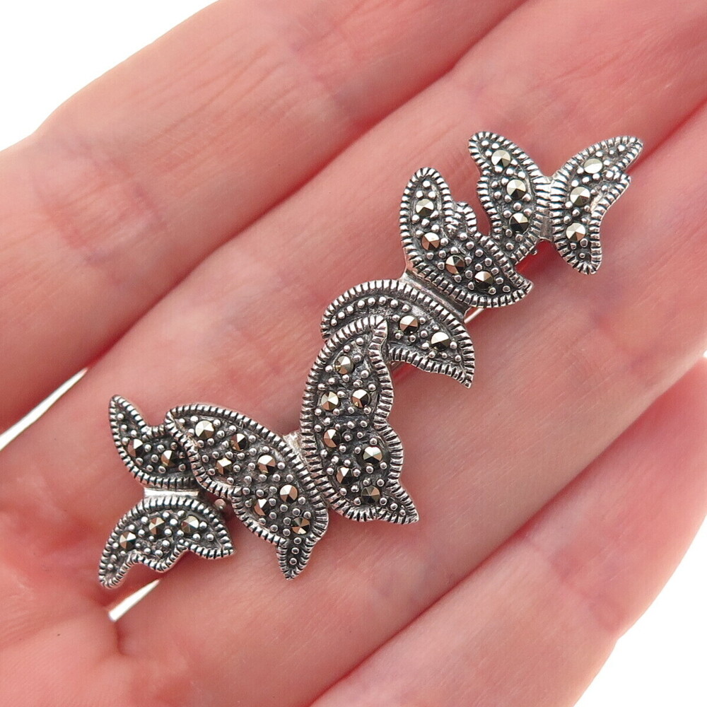925 Sterling Silver Vintage Real Marcasite Butterfly Oxidized Pin Brooch